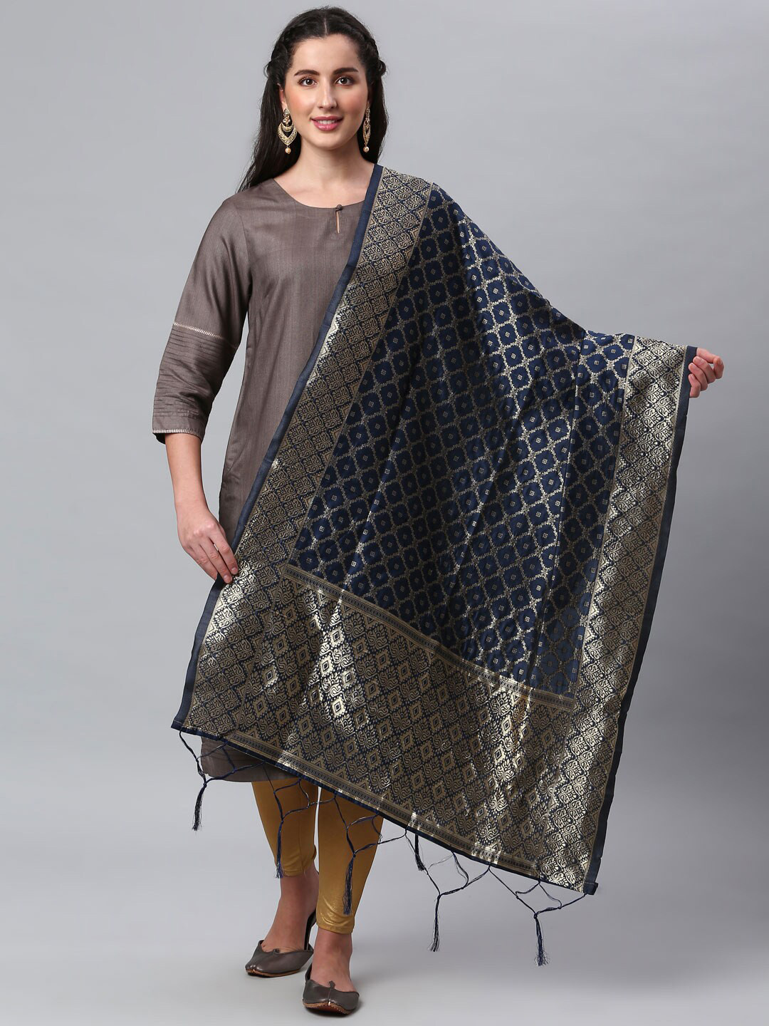 Lilots Blue & Gold-Toned Ethnic Motifs Woven Design Dupatta with Zari