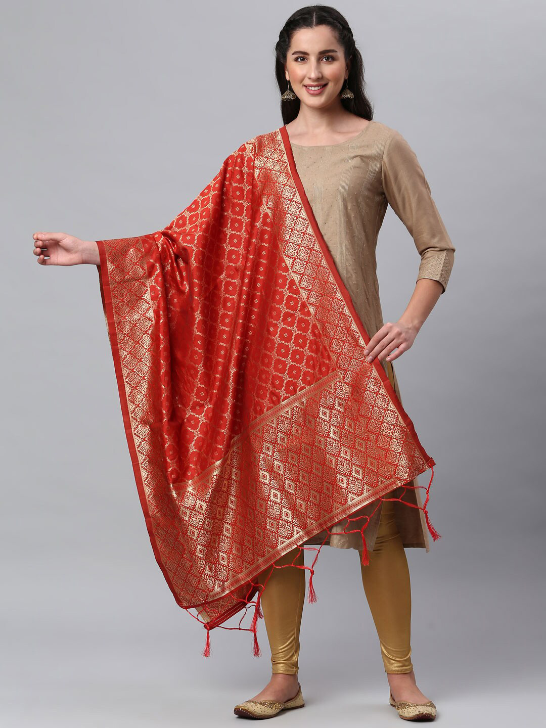 Lilots Red & Gold-Toned Woven Design Dupatta