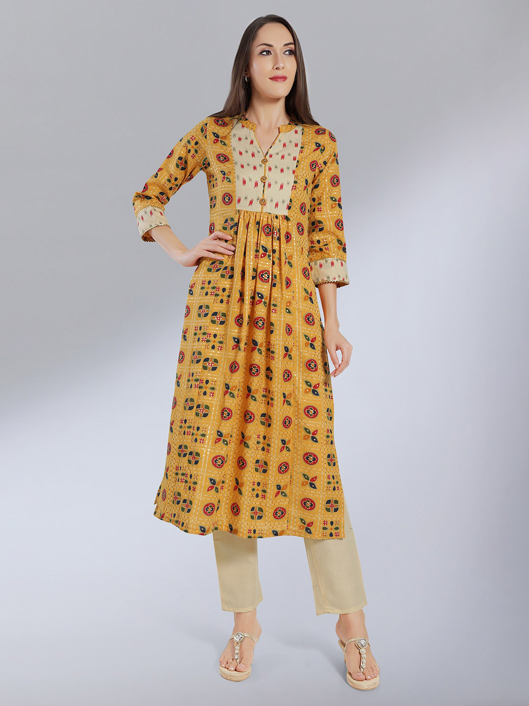 MADHURAM Women Mustard Yellow Geometric Printed V-Neck Anarkali Kurti