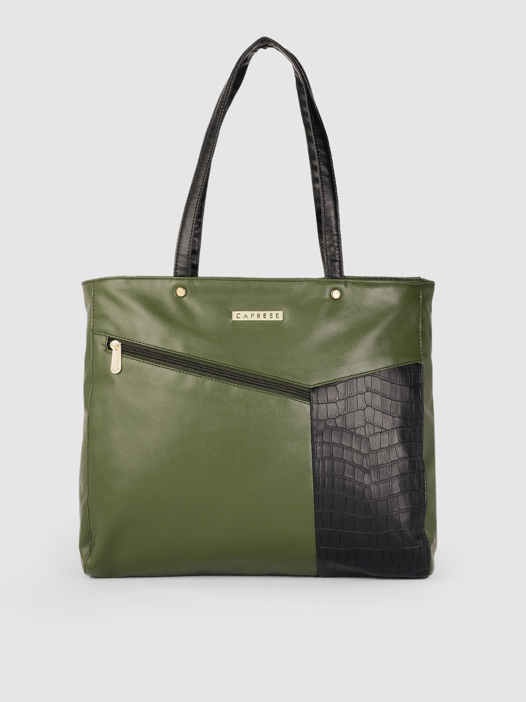 Caprese Olive Green Textured Structured Shoulder Bag
