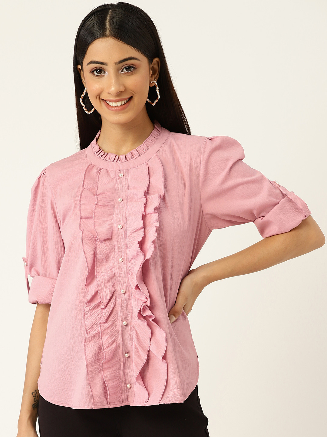 Antheaa Women Pink Solid Ruffle Top