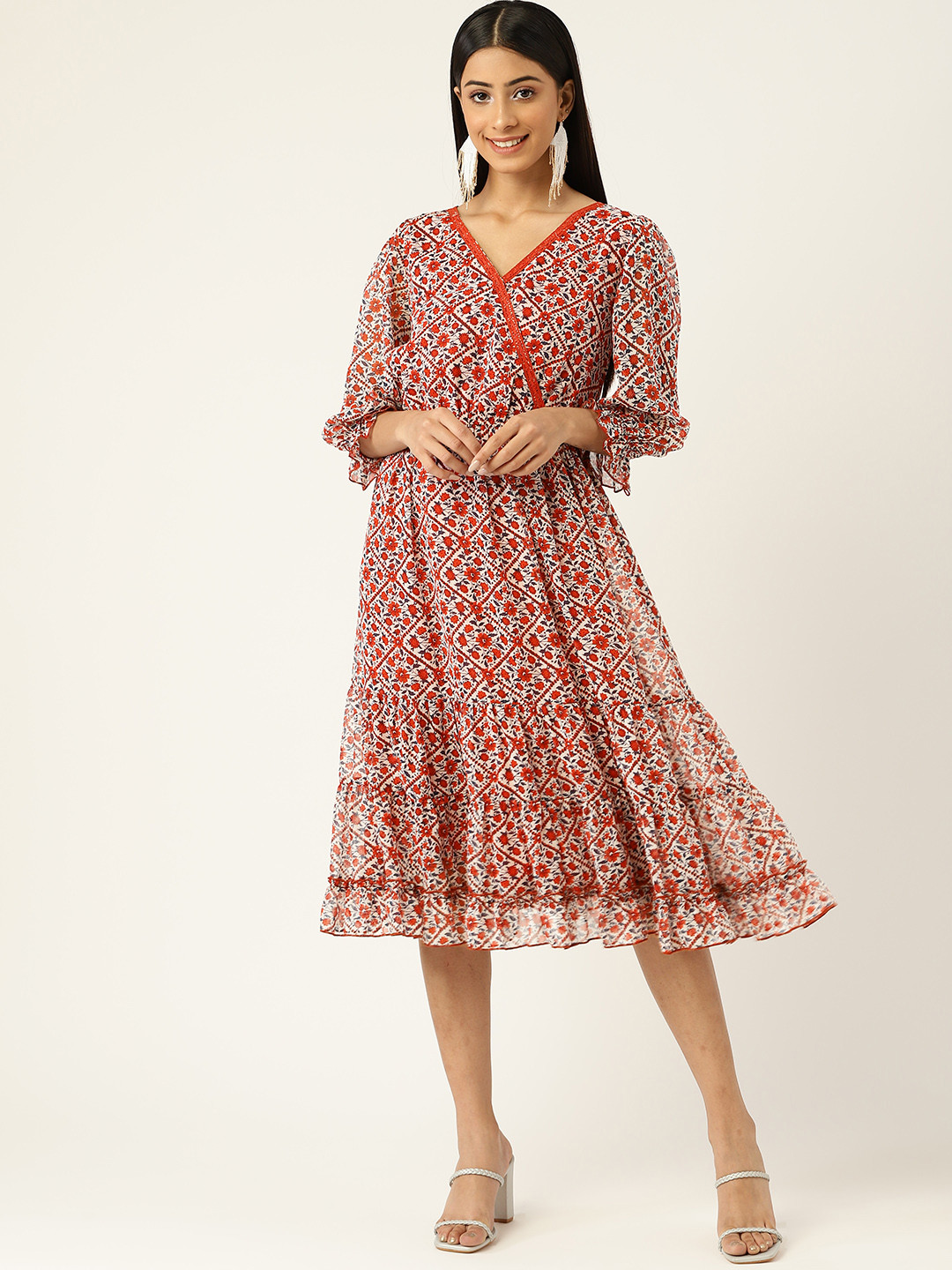 Antheaa Women Rust Red & Blue Floral Chiffon A-Line Midi Dress