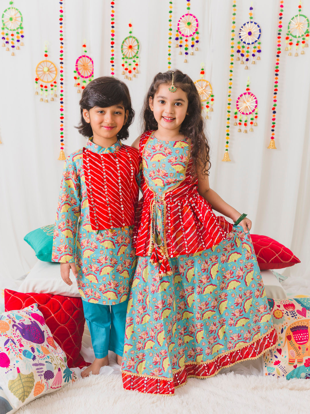pspeaches Girls Green & Pink Printed Ready to Wear Lehenga Choli
