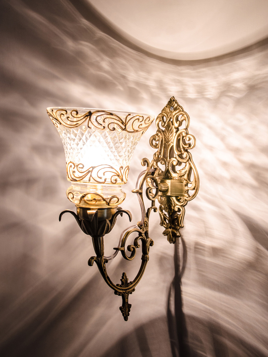 Fos Lighting Gold-Toned & White Ornate Brass & Cut Glass Wallchiere