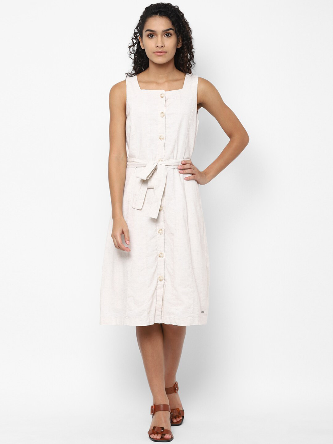Allen Solly Woman Cream-Coloured Midi Dress
