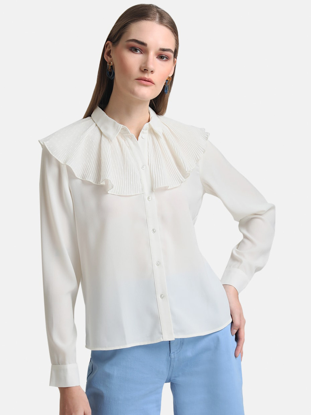 Kazo Women Off White Semi Sheer Casual Shirt
