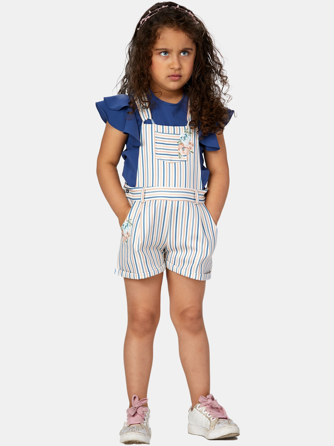 Peppermint Girls Blue & White Striped Dungaree With Top
