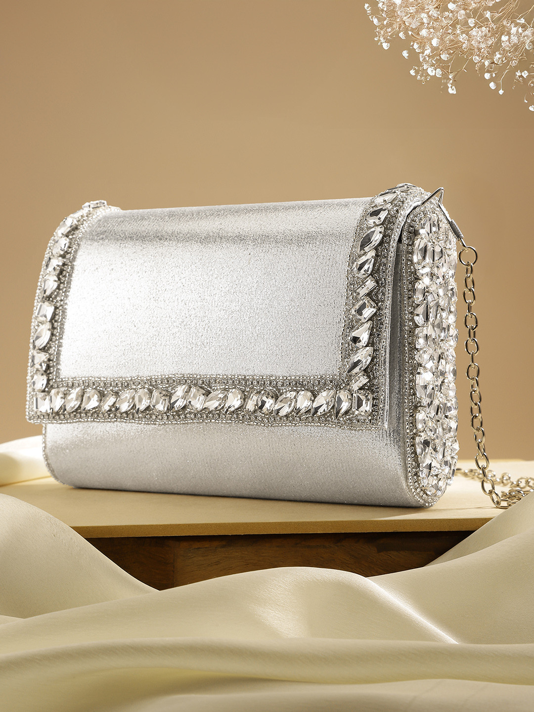 Peora Women Silver-Toned Embellished Purse Clutch