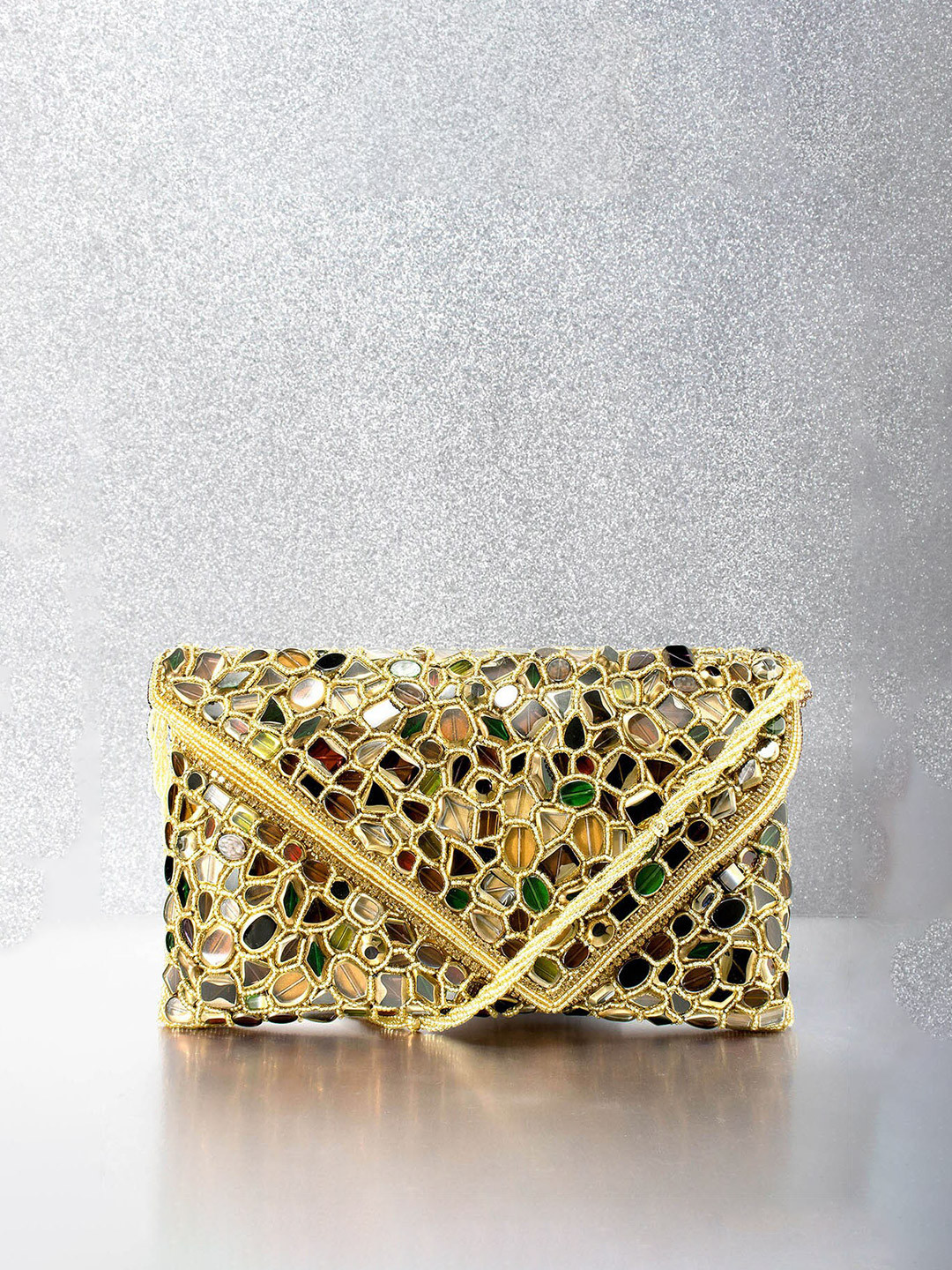 Peora Gold-Toned & Green Embellished Handmade Envelope Clutch