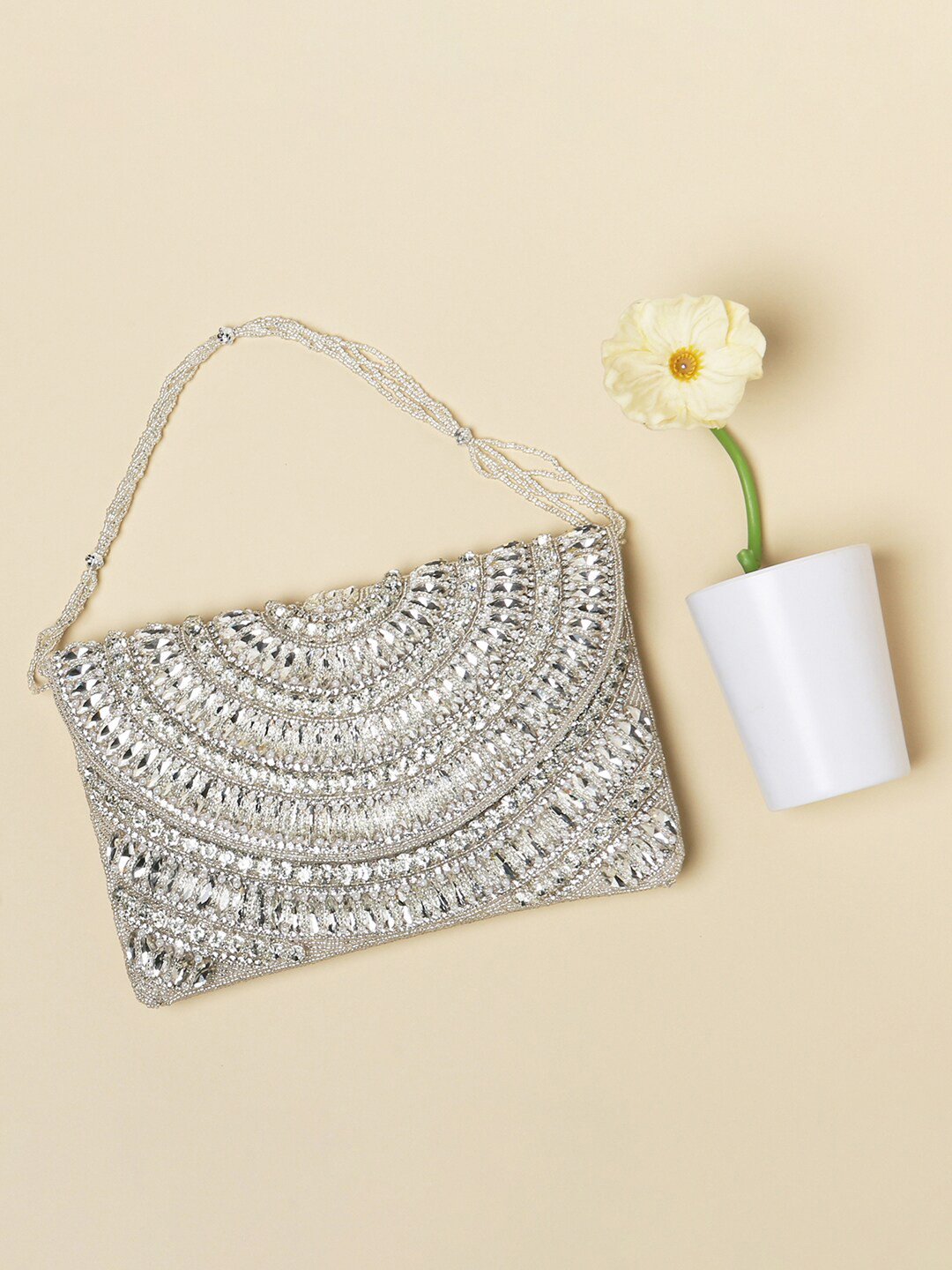 Peora Silver-Toned Embellished Purse Clutch