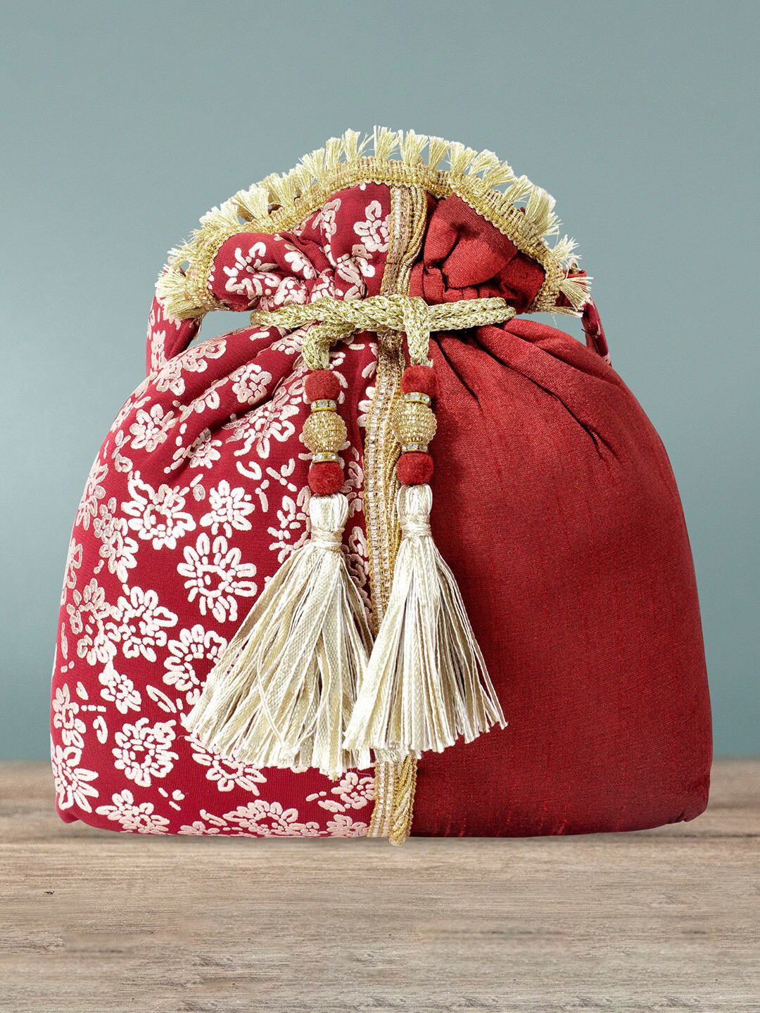 Peora Red & Silver-Toned Embroidered Potli Clutch