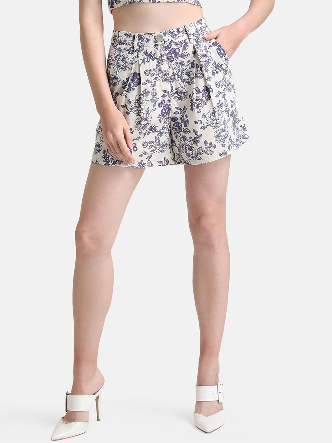 Kazo Women Blue & White Floral Printed High-Rise Puff Sleeve Shorts