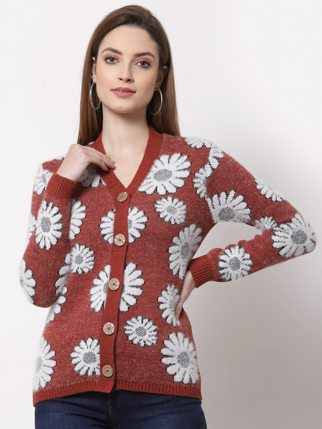 Kalt Women Rust & White Acrylic Floral Printed Cardigan