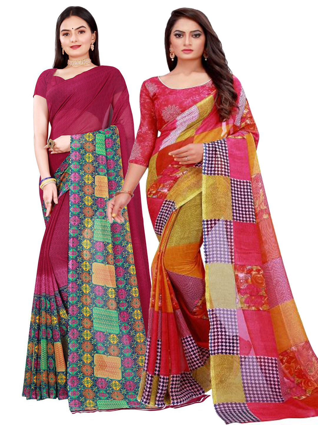KALINI Red & Maroon Pure Georgette Saree