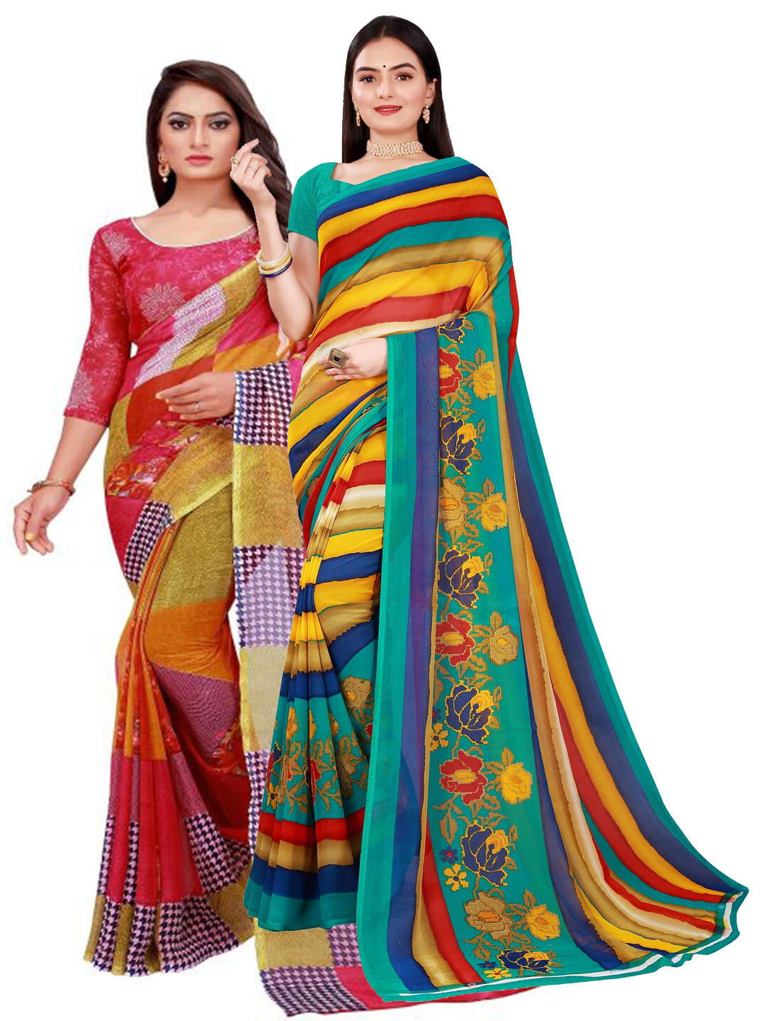 KALINI Pack Of 2 Red & Blue Georgette Saree