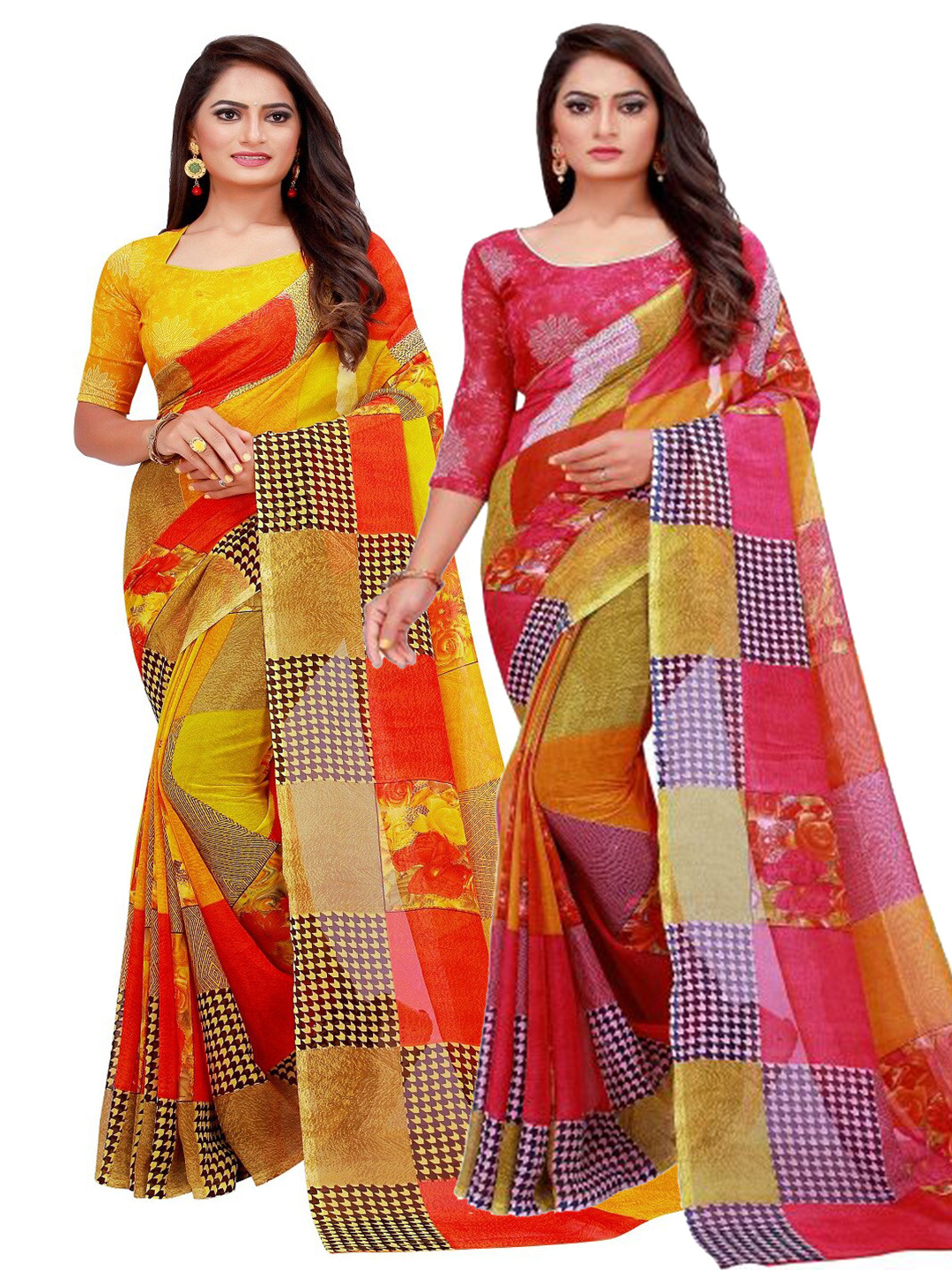 KALINI Red & Yellow Pack f 2 Printed Pure Georgette Saree