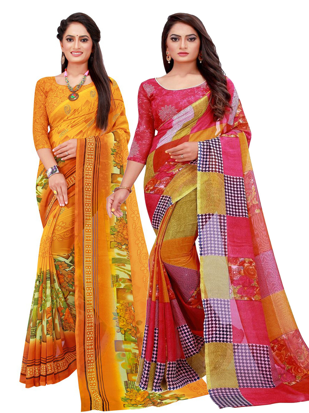 KALINI Pack Of 2 Red & Yellow Georgette Saree