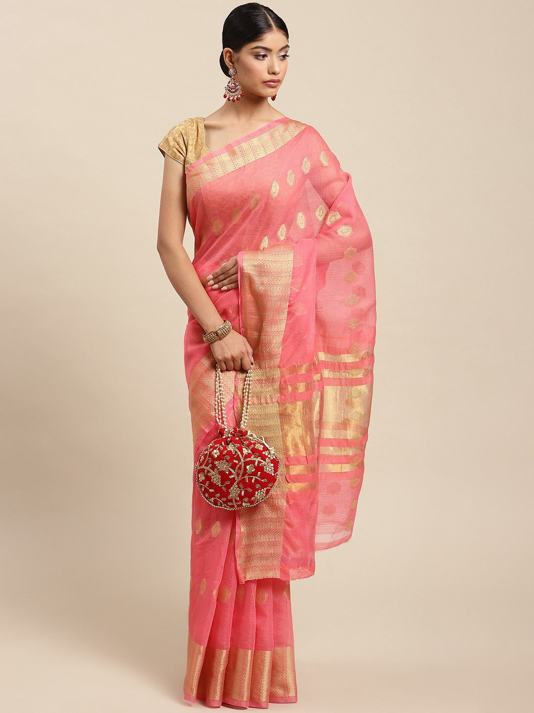 SWADHA FASHIONS Pink & Gold-Toned Ethnic Motifs Zari Pure Cotton Khadi Saree