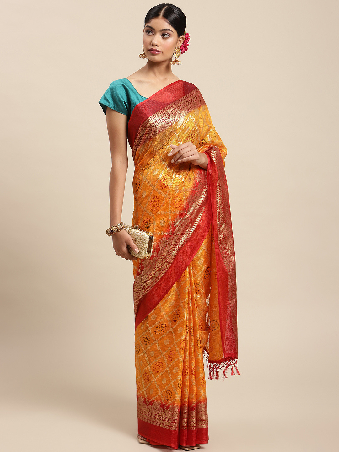 SWADHA FASHIONS Mustard & Red Bandhani Saree