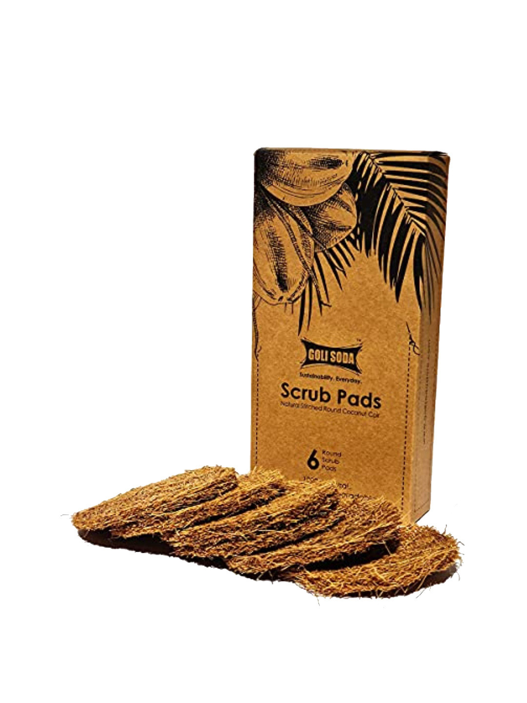 GOLI SODA Set Of 6 Brown Natural Coconut Coir Round Stitched Dishwashing Scrub Pads