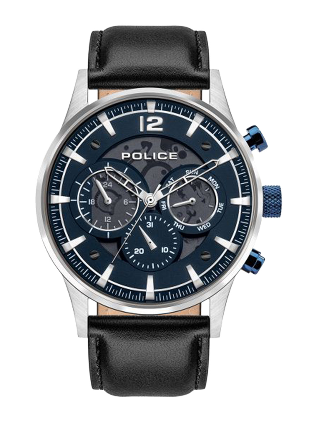 Police Men Blue Skeleton Dial & Black Leather Textured Straps Analogue Watch