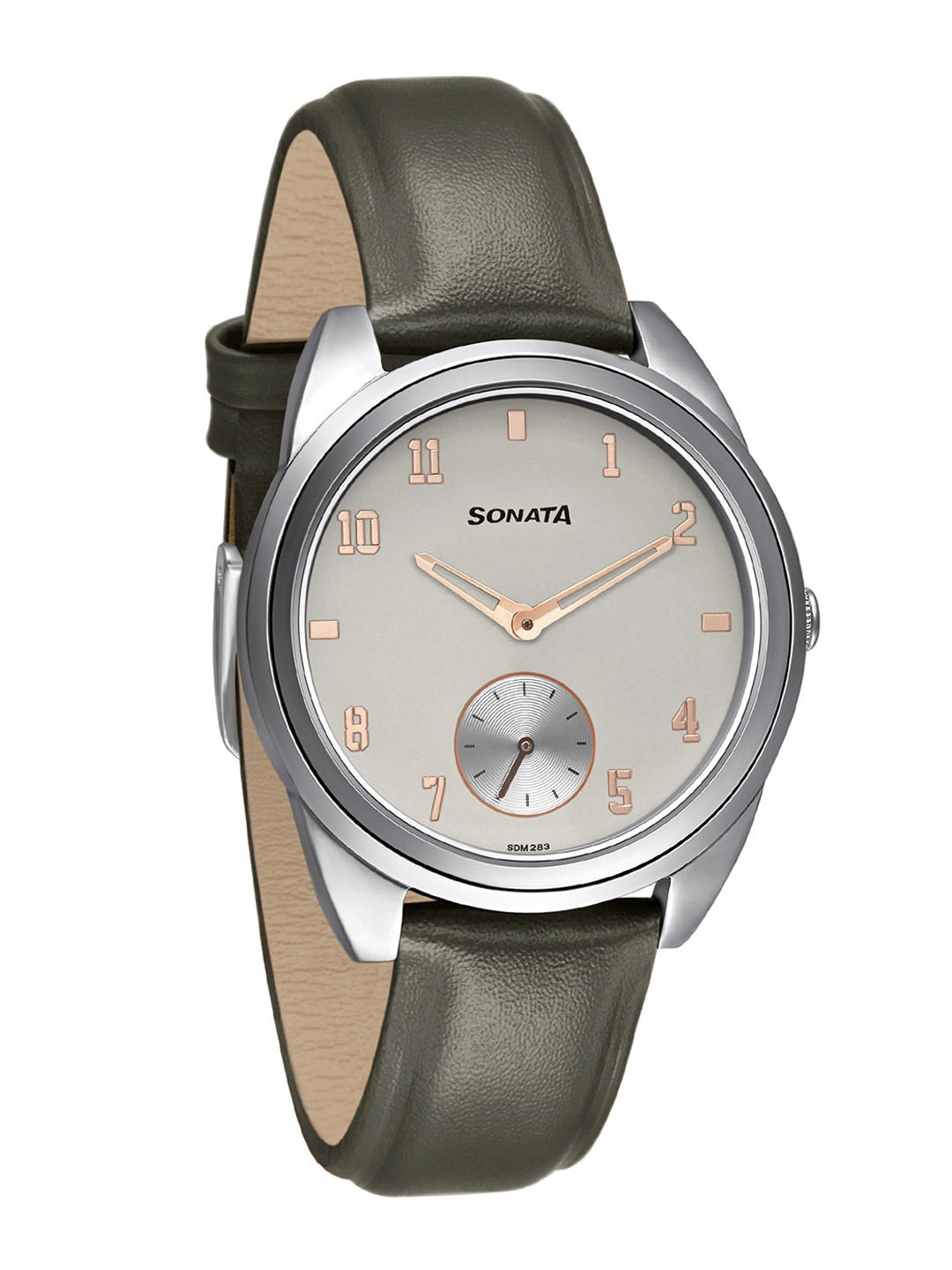 Sonata Women Grey Brass Dial & Green Leather Straps Analogue Watch 8182SL02