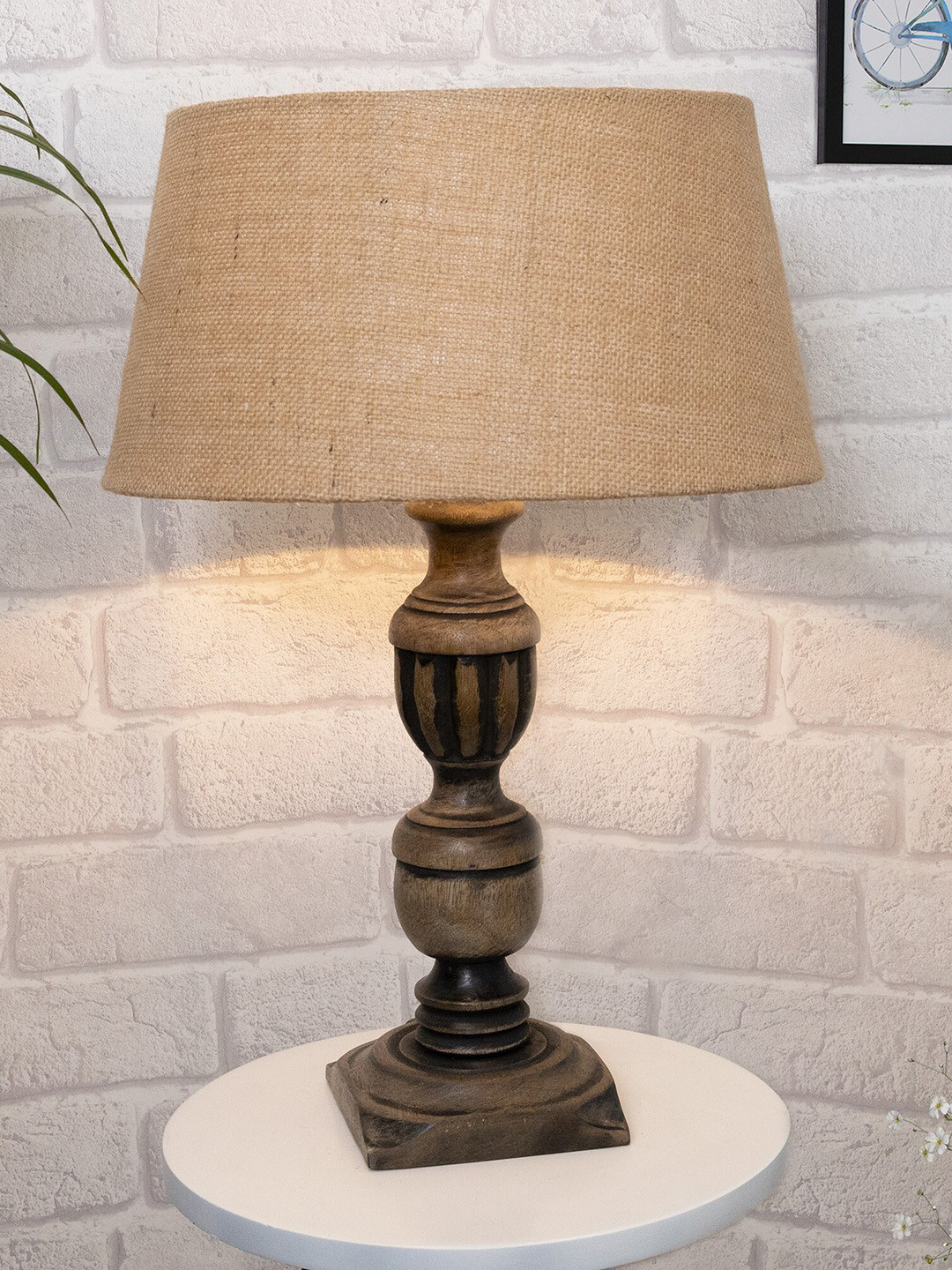 Homesake Beige Antique Carved Table lamp with Empire Jute Shade