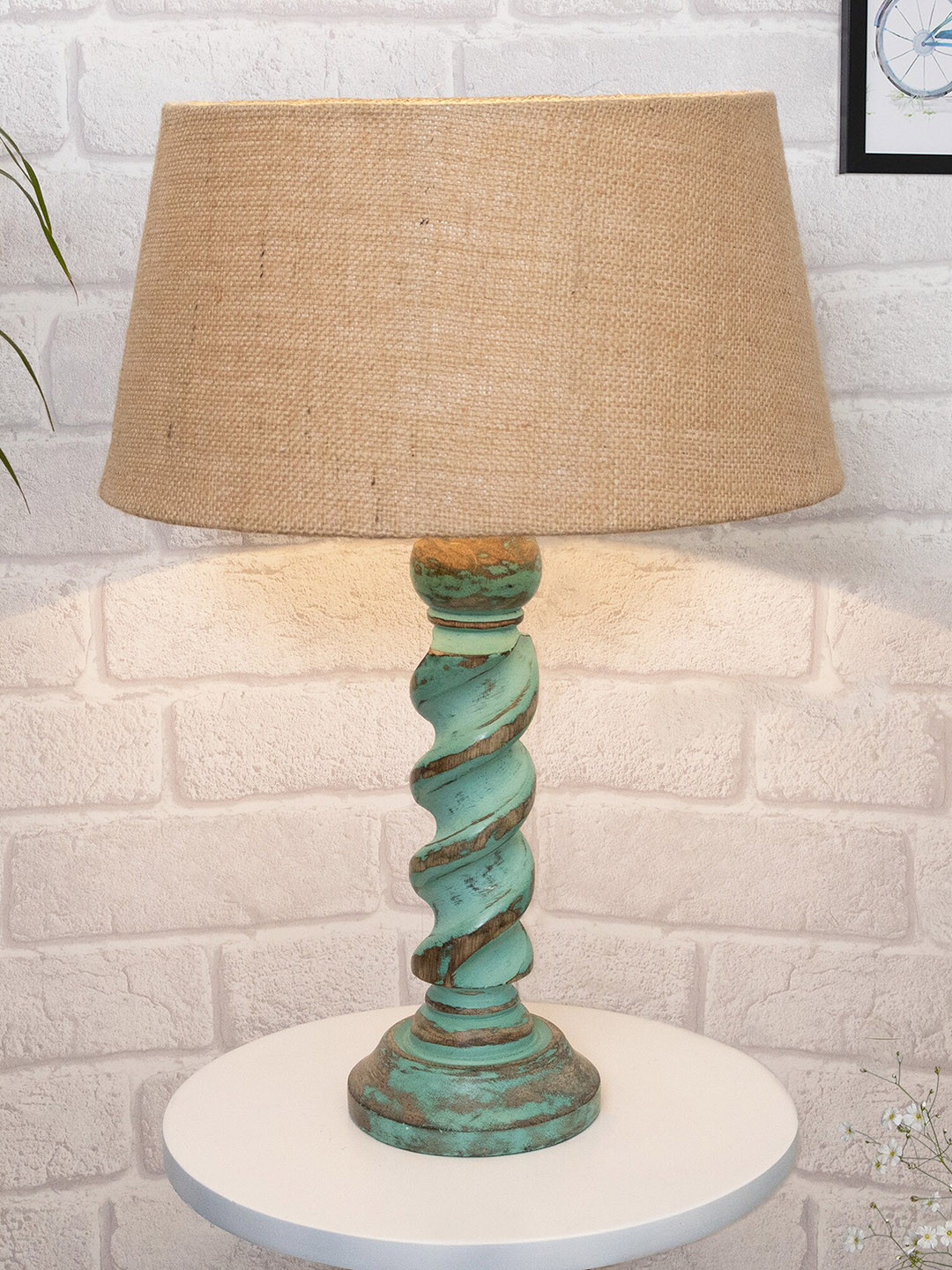 Homesake Beige & Blue Signature Rustic Rope Algae Frustum Table Lamp With Shade