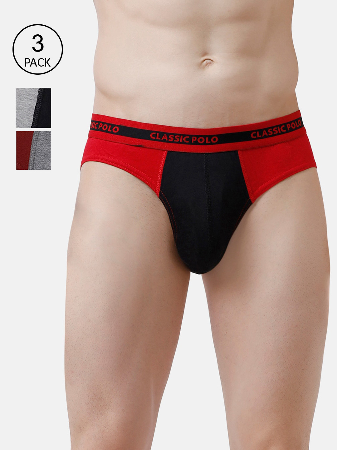 Classic Polo Men Pack of 3 Red, Grey & Black Colour Blocked Cotton Basic Briefs