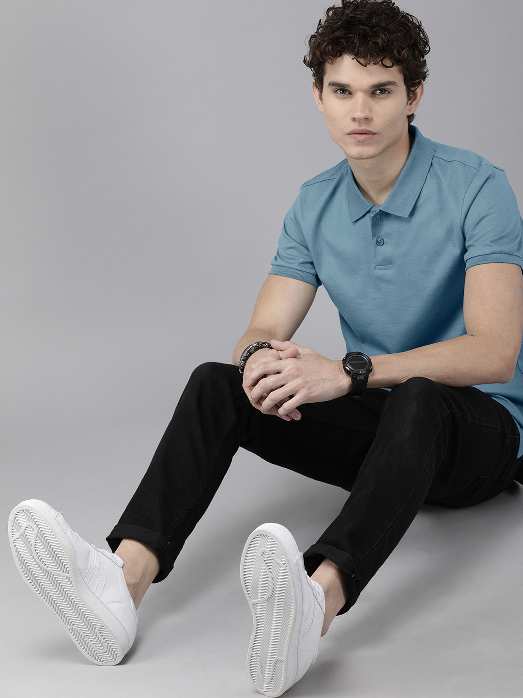The Roadster Lifestyle Co. Men Blue Solid Polo Collar Slim Fit Cotton T-shirt