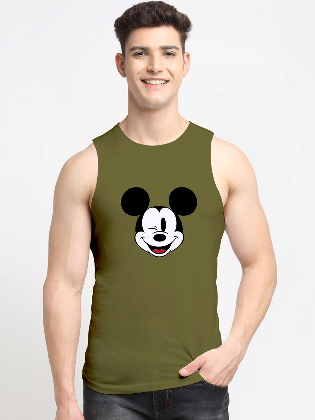 Friskers Men Olive-Green & Black Micky Mouse Printed Pure Cotton Gym Vest