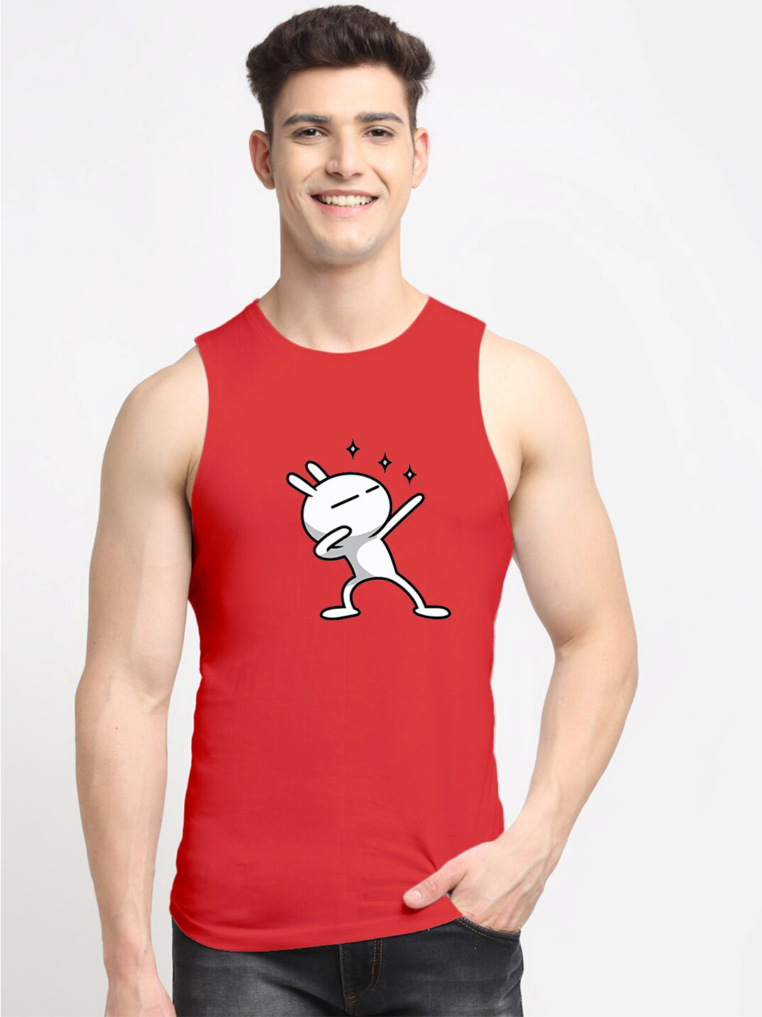 Friskers Men Red & White Printed Pure Cotton Gym Vest