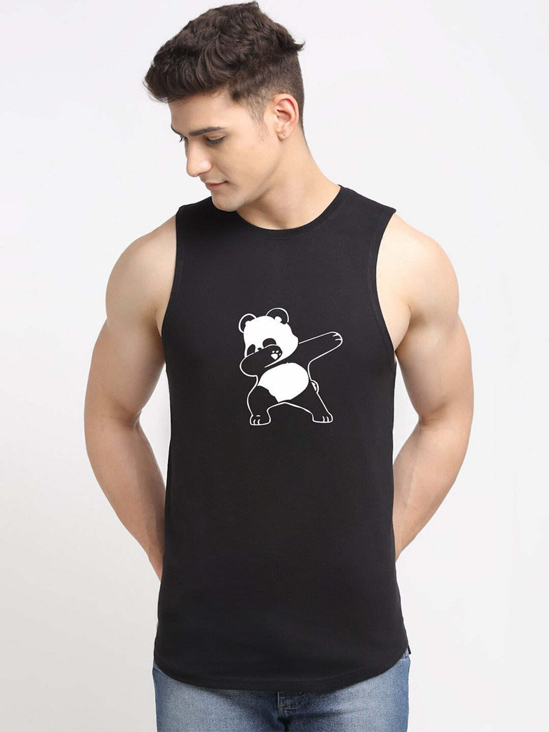 Friskers Men Black Printed Sleeveless Cotton Innerwear Vests