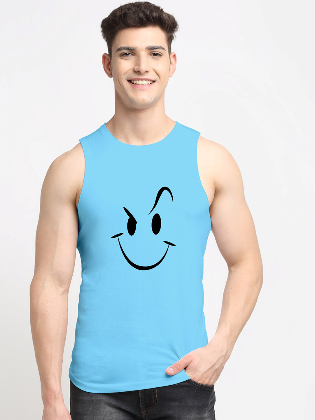 Friskers Men Turquoise Blue Printed Cotton Innerwear Gym Vests