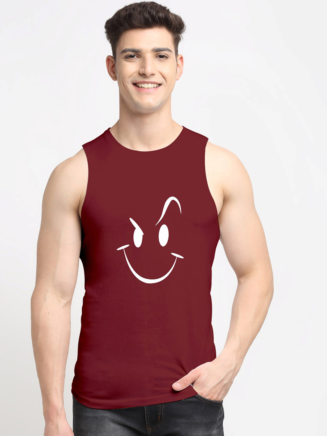 Friskers Men Maroon Smily White Printed Solid Cotton Innerwear Vests