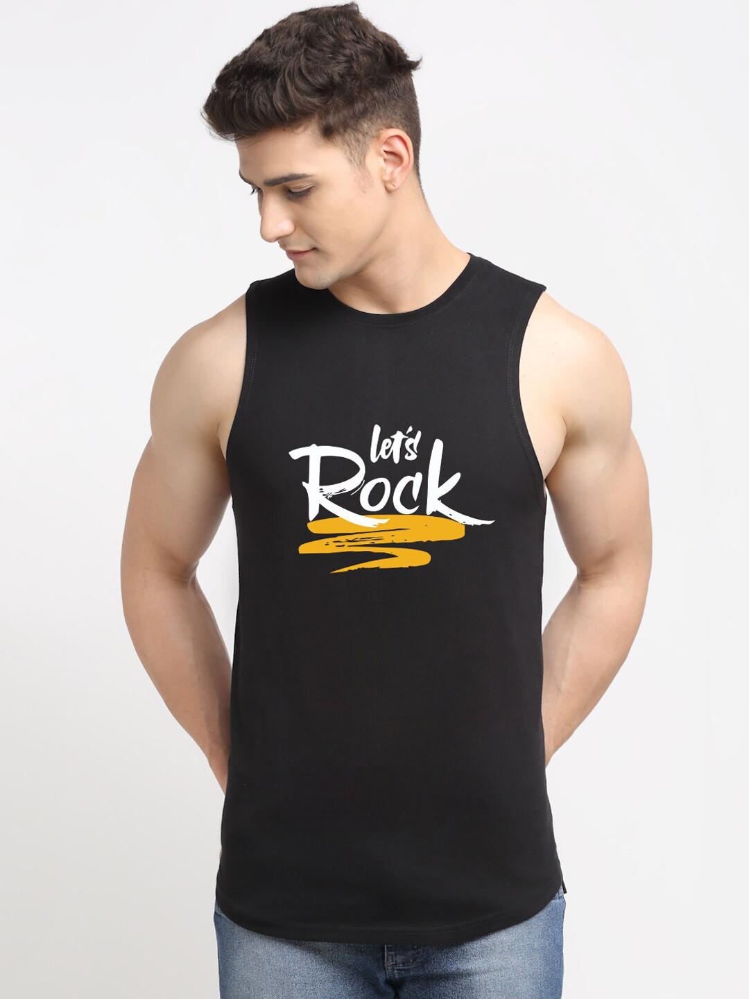 Friskers Men Black Printed Cotton Outerwear Vest