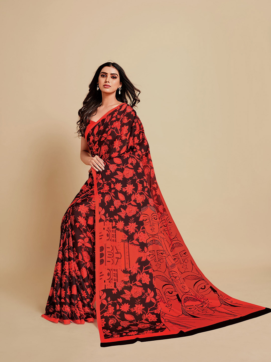 Sangria Red & Black Floral Satin Saree