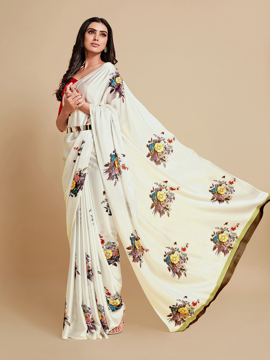 Sangria Off White & Red Floral Satin Saree