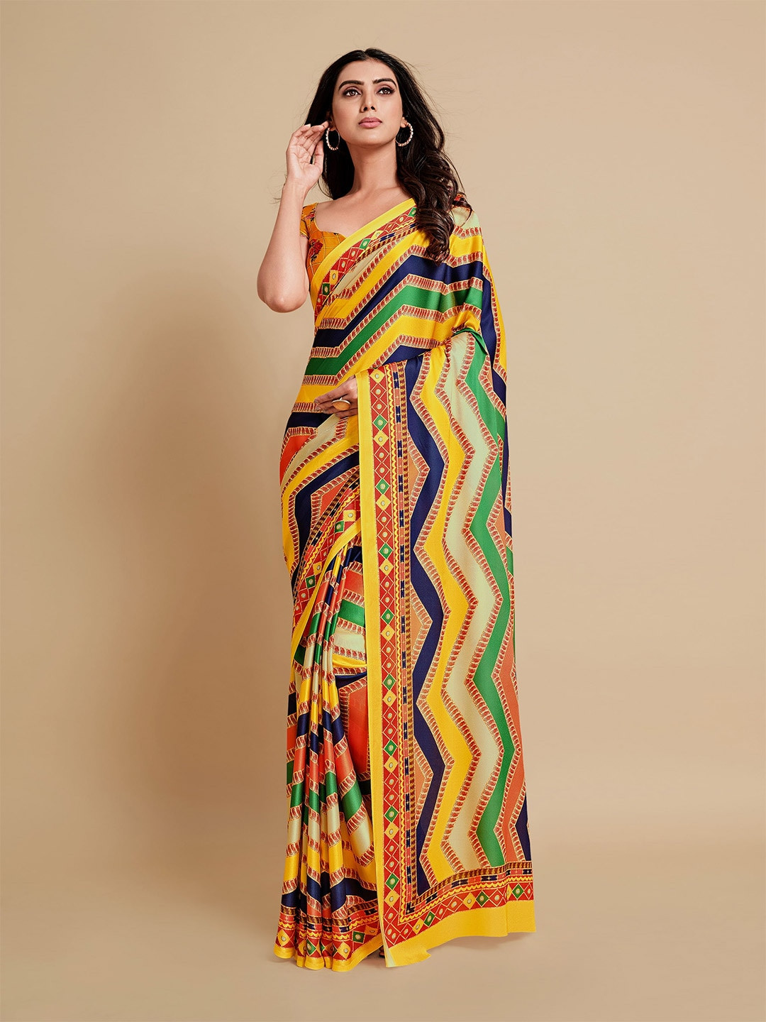 Sangria Mustard Yellow & Blue Satin Saree