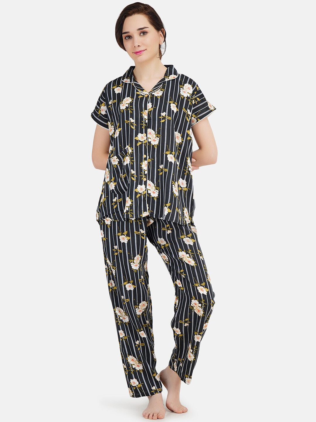 KOI SLEEPWEAR Women Black & Cream Floral Printed Night suit