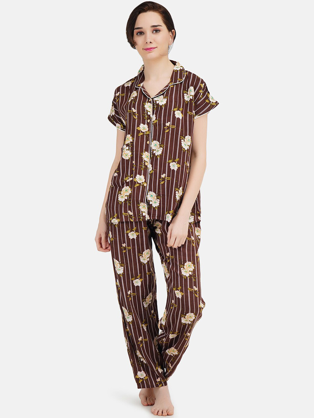 KOI SLEEPWEAR Women Brown & Green Floral Printed Night Suit