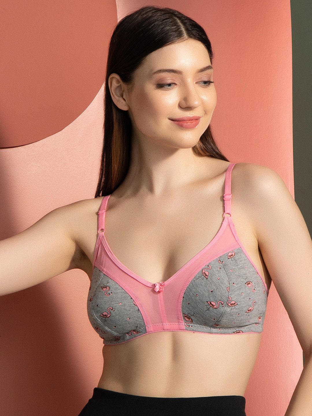 Clovia Grey & Pink Abstract Non Padded Non-Wired Full Coverage Bra BR0933S0532E
