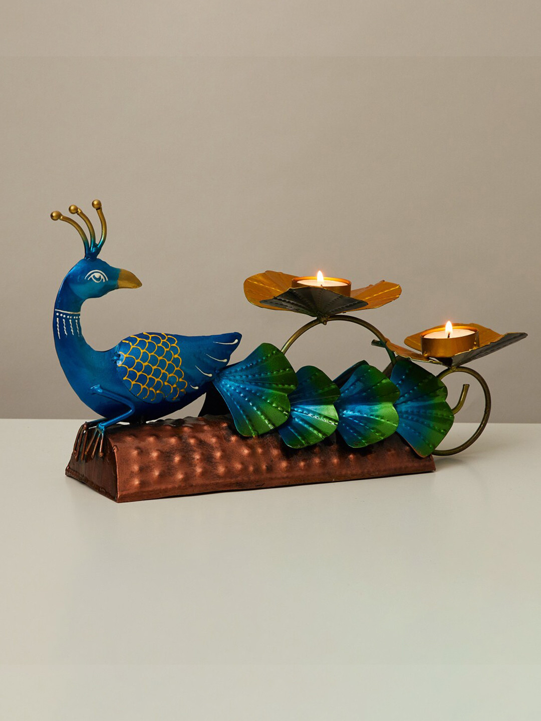 Home Centre Peacock T-lite Blue Metal Metallic Living Room Small Showpiece - 7.9 Inches