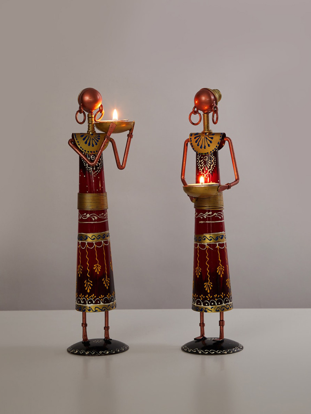 Home Centre Set of 2 Red Printed Iron Lady Musician with Tealight Holder