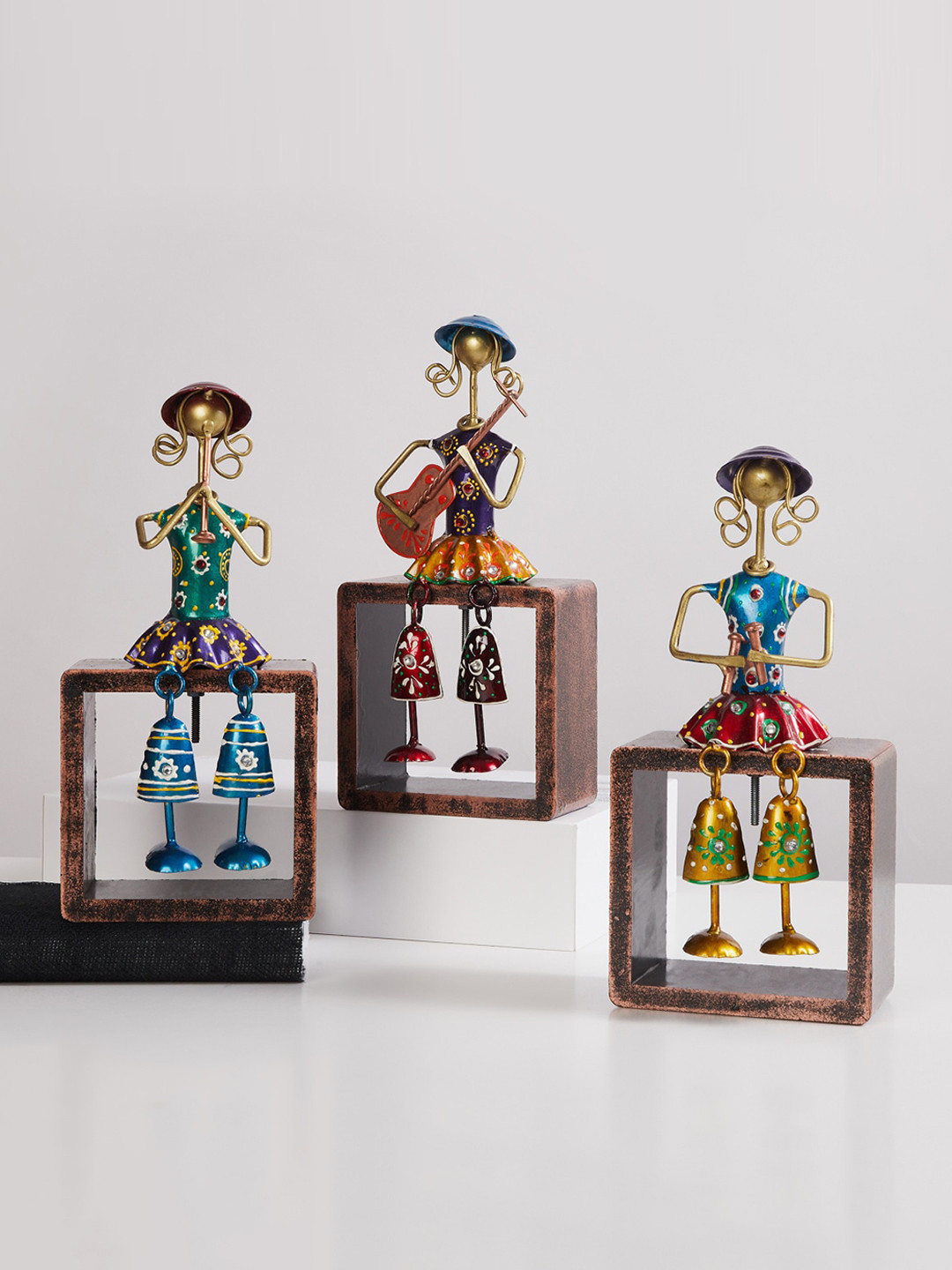 Home Centre Hanging Leg Doll Brown Metal Metallic Living Room Set of 3 Medium Showpieces - 10.6 Inches