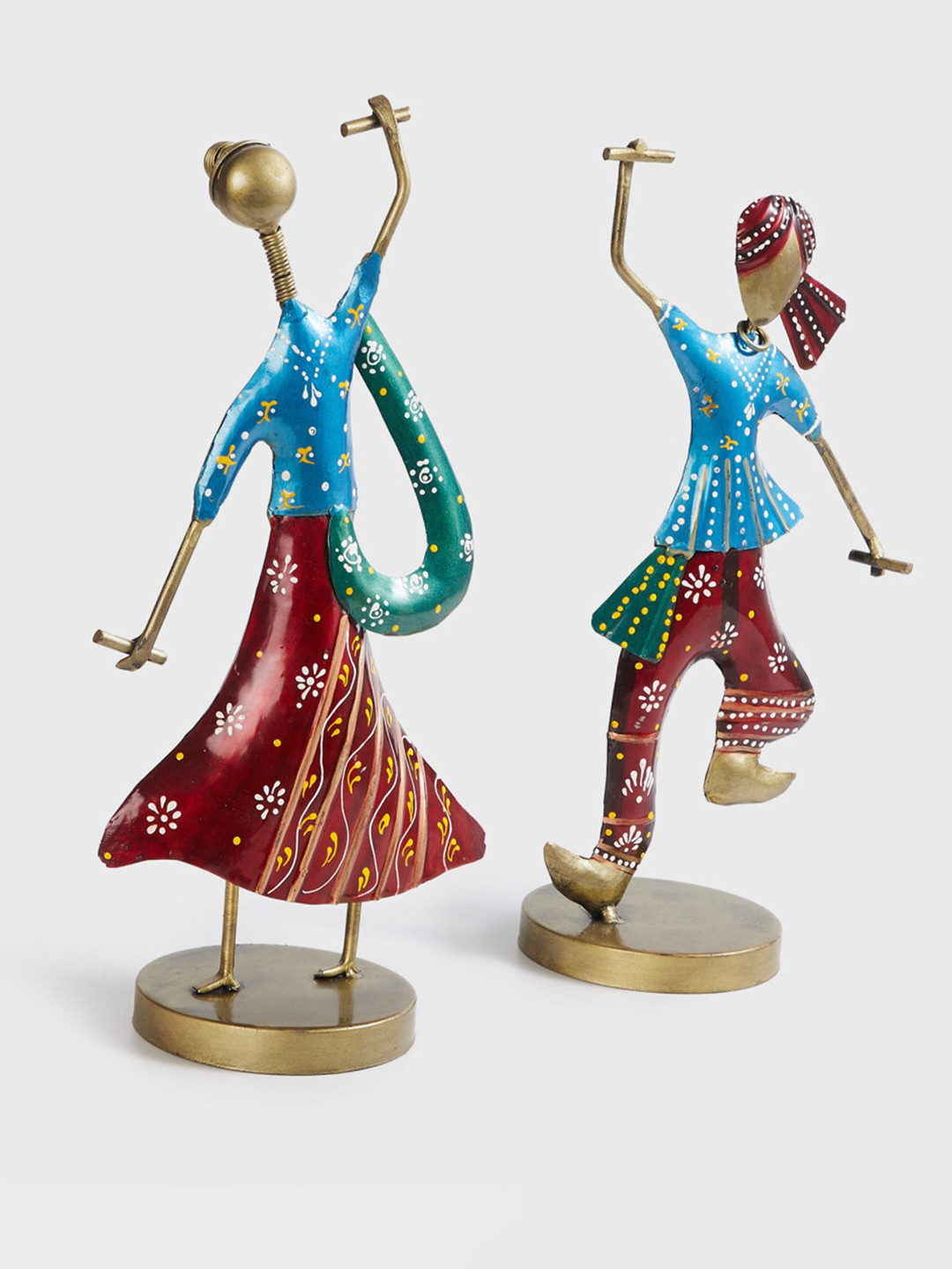 Home Centre Dandiya Couple Blue Metal Metallic Living Room Music Set of 2 Medium Showpieces - 13 Inches