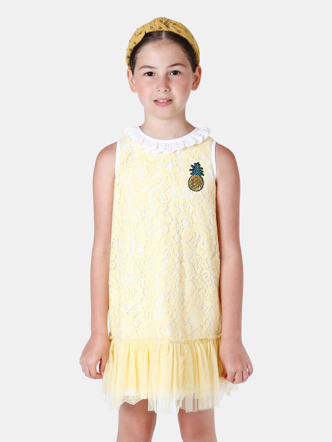 One Friday Girls Yellow Net A-Line Dress
