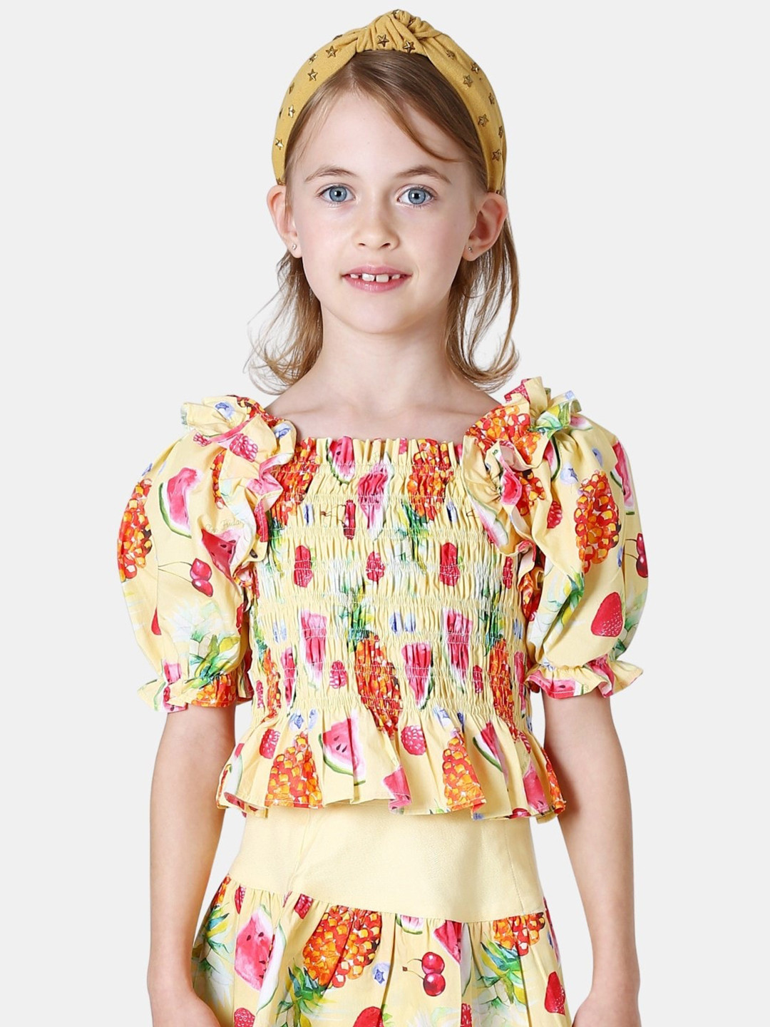 One Friday Yellow Floral Print Off-Shoulder Blouson Crop Top