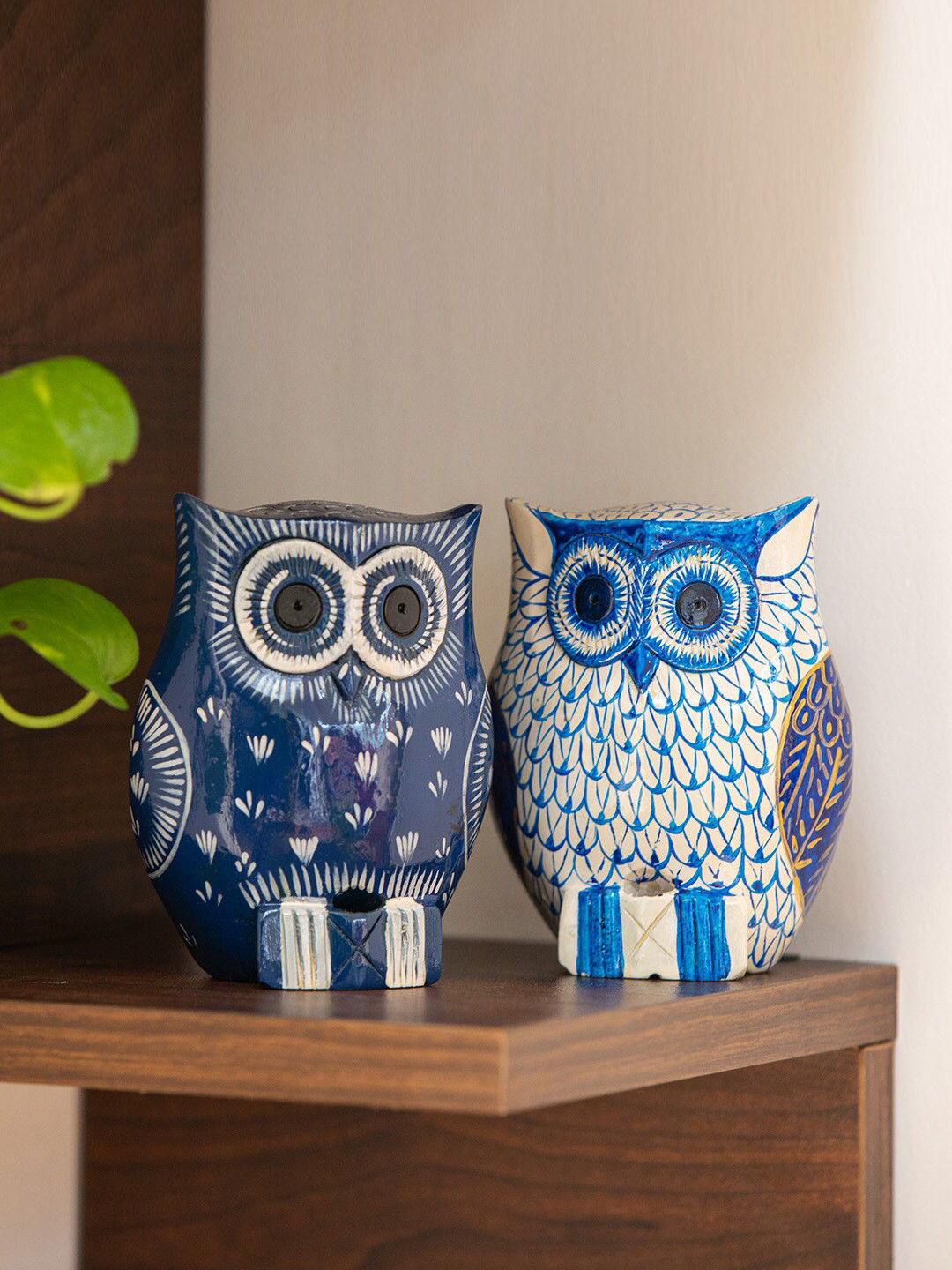 ExclusiveLane Set Of 2 Navy Blue Hand-Painted Wooden Owl Showpieces