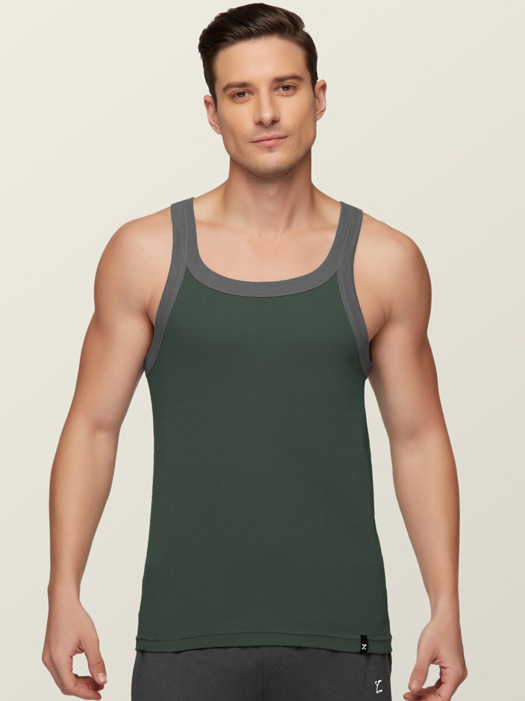 XYXX Men Olive-Green & Grey Anti-Bacterial Super Combed Cotton Square Neck Knitted Vest